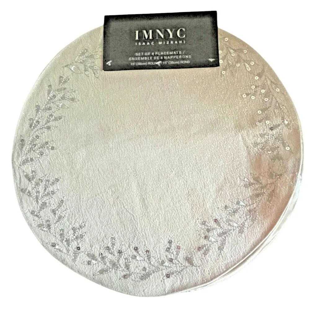 Isaac Mizrahi Christmas Placemats Set of 4 Embroidered Sequins Silver 15